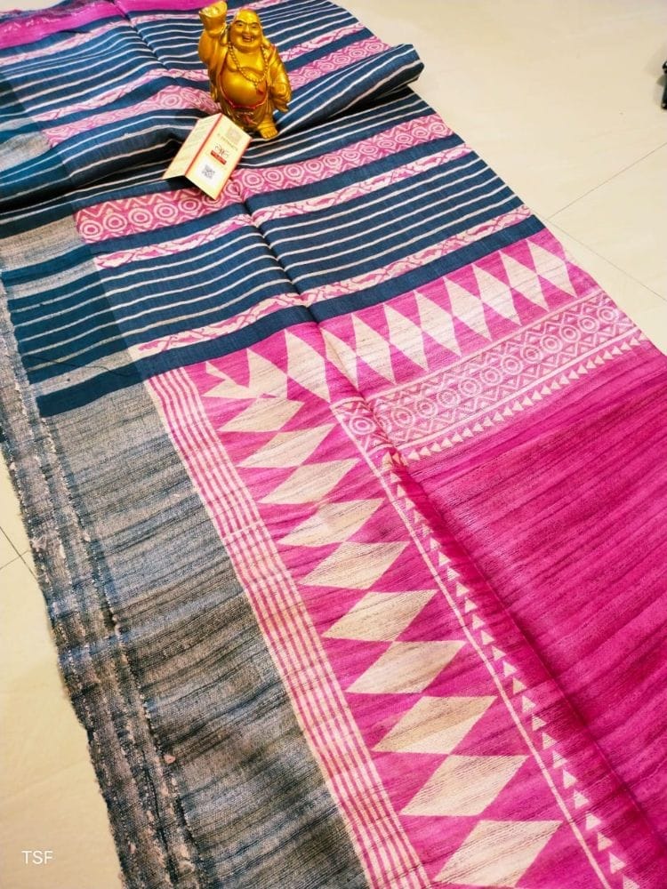 Silkmark Certified Tussar Silk Handloom Handblock Printed Pink and Blue Saree with Blouse-8519