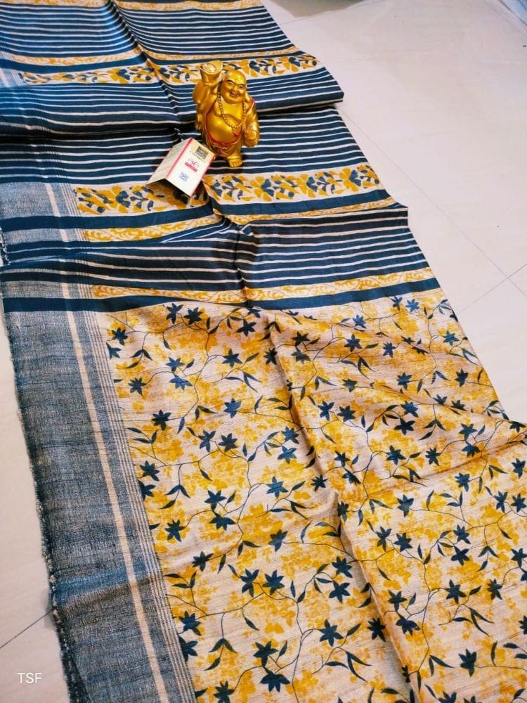 Silkmark Certified Tussar Silk Handloom Handblock Printed Yellow and Blue Saree with Blouse-8837