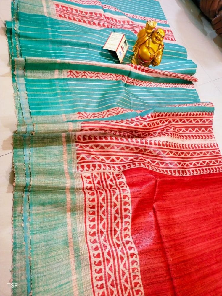 Silkmark Certified Tussar Silk Handloom Handblock Printed Red and Blue Saree with Blouse-9061