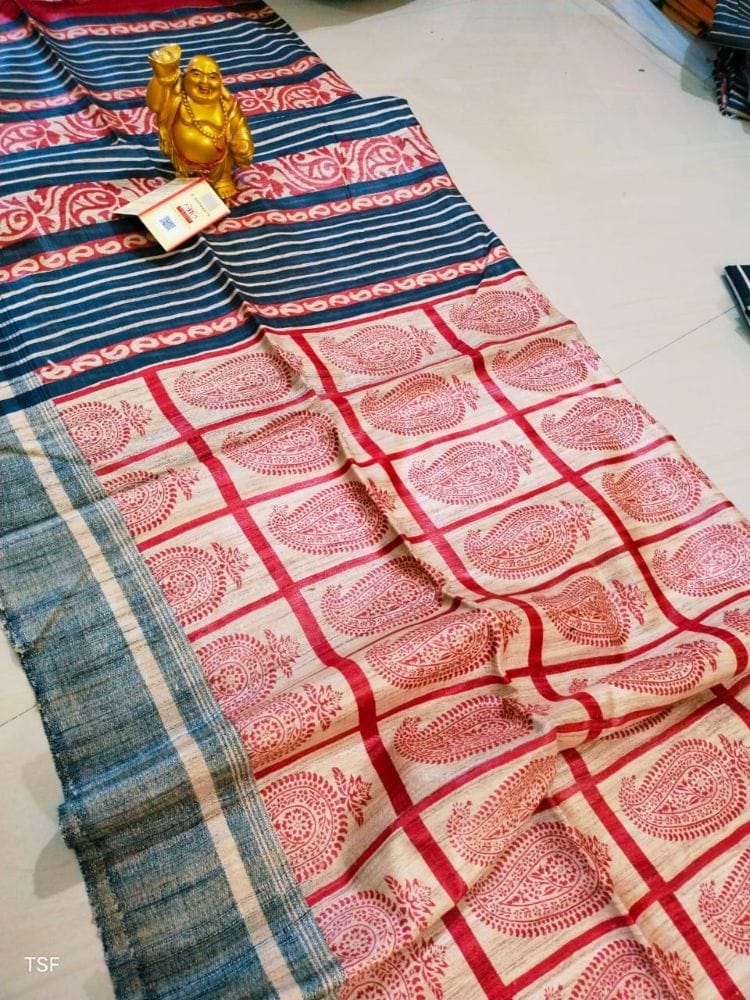 Silkmark Certified Tussar Silk Handloom Handblock Printed Red and Blue Saree with Blouse-7331 - Sarees | Buy online on ZillyBuy