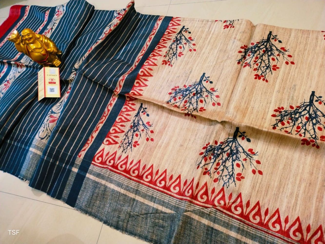 Silkmark Certified Tussar Silk Handloom Handblock Printed Red and Blue Saree with Blouse-5668