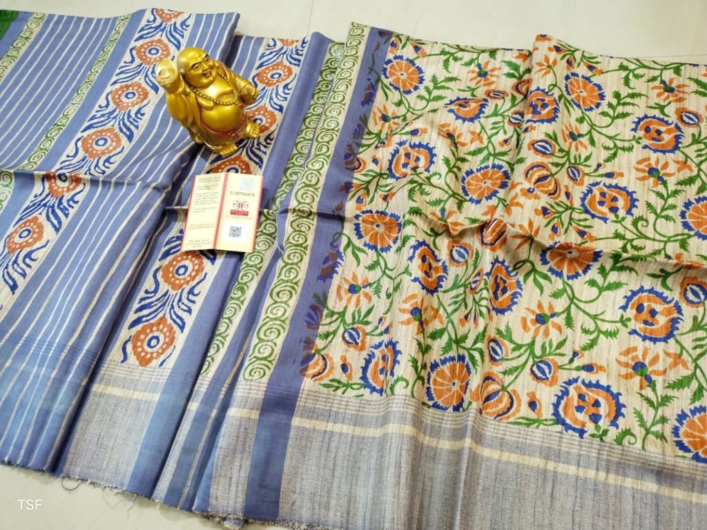 Silkmark Certified Tussar Silk Handloom Handblock Printed Green and Purple  Saree with Blouse-7703 - Sarees | Buy online on ZillyBuy