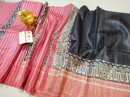 Silkmark Certified Tussar Silk Handloom Handblock Printed Black and Pink Saree with Blouse-5727