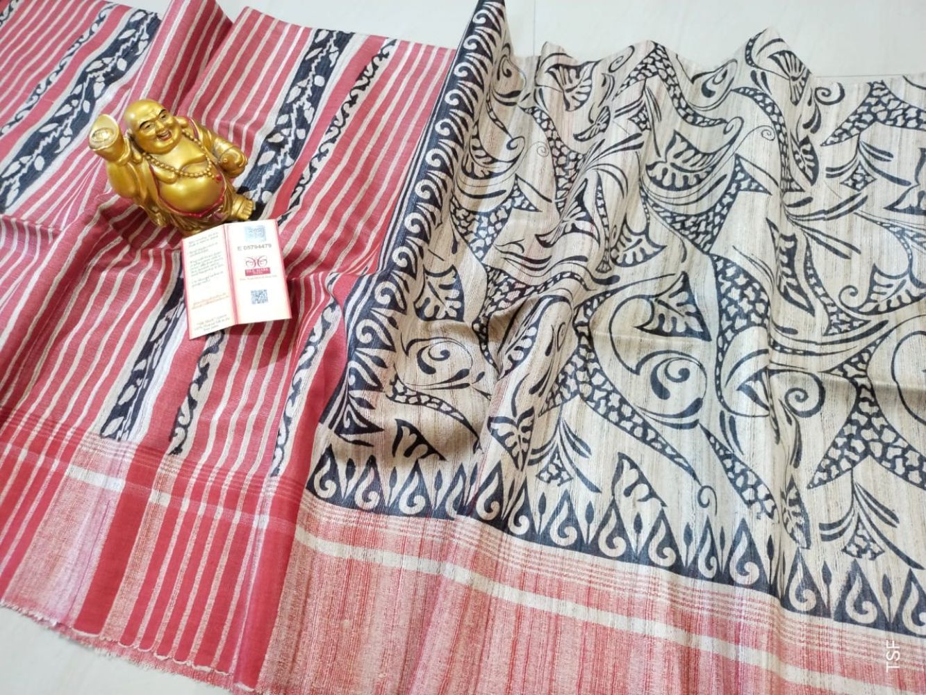 Silkmark Certified Tussar Silk Handloom Handblock Printed Black and Red Saree with Blouse-7539