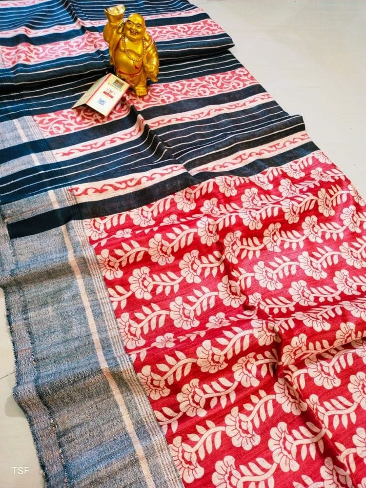 Silkmark Certified Tussar Silk Handloom Handblock Printed Red and Black Saree with Blouse-3674