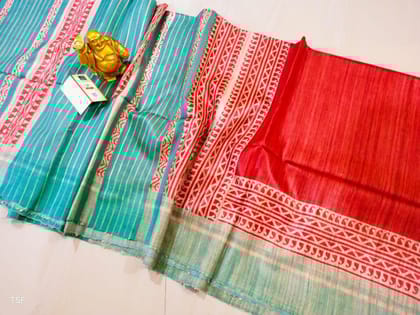 Silkmark Certified Tussar Silk Handloom Handblock Printed Red and Blue Saree with Blouse-2817