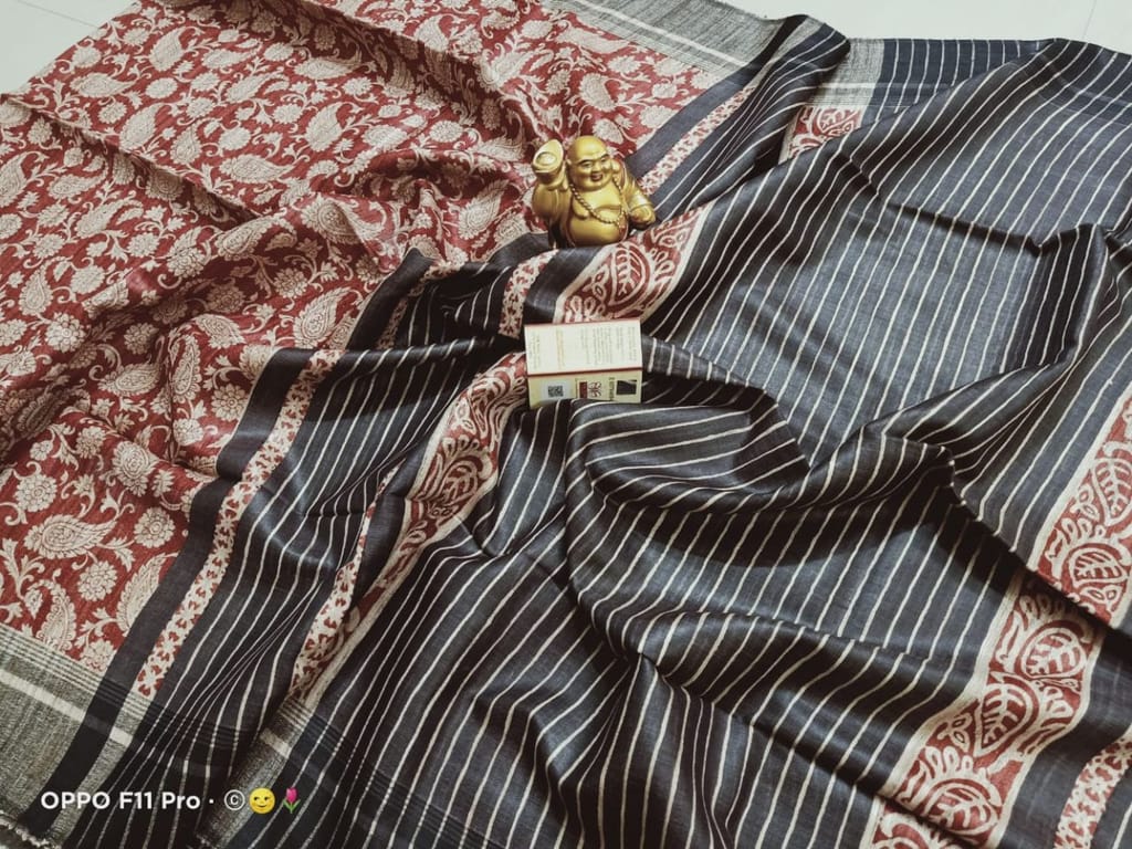 Silkmark Certified Tussar Silk Handloom Handblock Printed Black and Brown Saree with Blouse-4623 - Sarees | Buy online on ZillyBuy