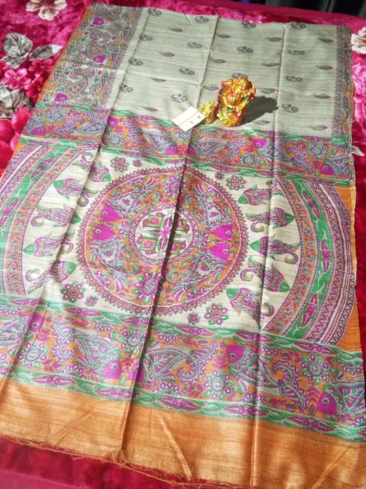 Silkmark Certified Tussar Silk Handloom Handblock Printed Saree with Blouse-4345 - Sarees | Buy online on ZillyBuy
