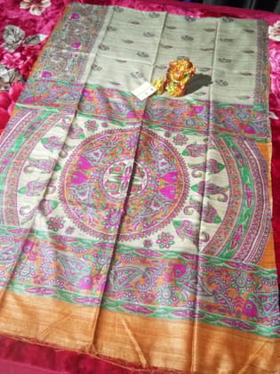 Silkmark Certified Tussar Silk Handloom Handblock Printed Saree with Blouse-4345