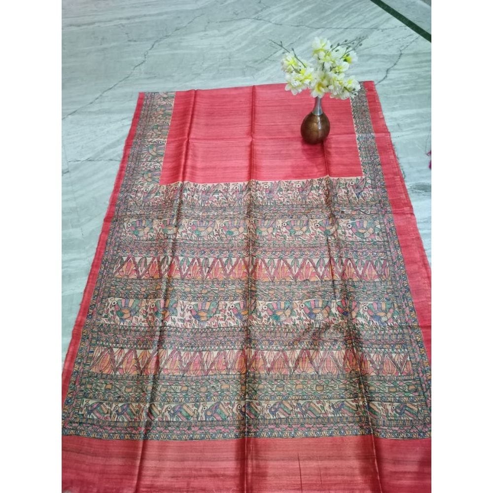 Silkmark Certified Tussar Silk Madhubani HANDPAINTED Red Saree with Blouse-9328 - Sarees | Buy online on ZillyBuy