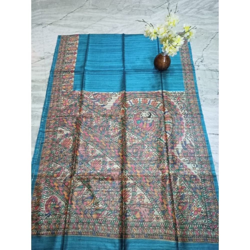 Silkmark Certified Tussar Silk Madhubani HANDPAINTED Blue Saree with Blouse-8830 - Sarees | Buy online on ZillyBuy