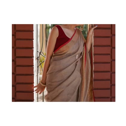 Handwoven Pure Linen Brown Saree with Blouse-3114