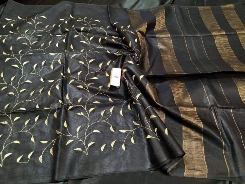 Silkmark Certified Eri Silk Embroidered Black Saree with Blouse-6702 - Sarees | Buy online on ZillyBuy