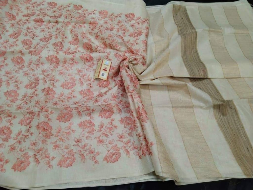 Silkmark Certified Eri Silk Embroidered Biege Saree with Blouse-8680 - Sarees | Buy online on ZillyBuy