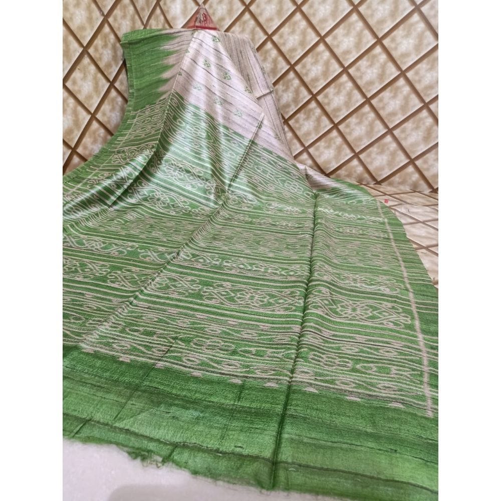 Silkmark Certified Tussar Silk Handloom Handblock Printed White Saree with Blouse-8098 - Sarees | Buy online on ZillyBuy
