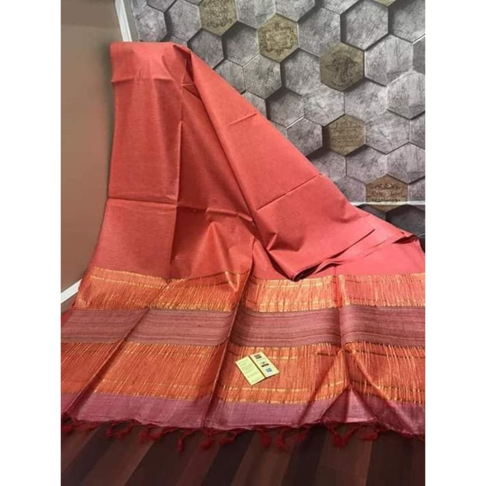 Silkmark Certified Pure Eri Silk Orange Saree with Running Blouse-4900 - Sarees | Buy online on ZillyBuy