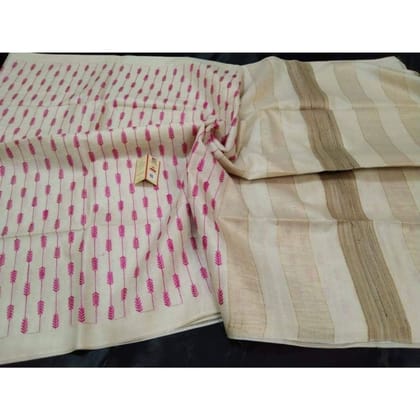 Silkmark Certified Eri Silk Embroidered Cream Saree with Running Blouse-5931