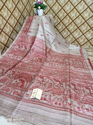 Silkmark Certified Tussar Silk Handloom Handblock Printed Biege Saree with Blouse-8815