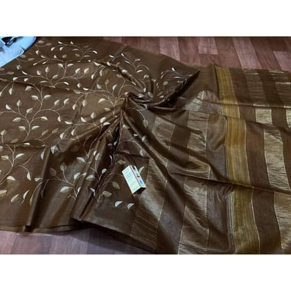 Silkmark Certified Eri Silk Digital Embroidered Brown Saree with Running Blouse-1902