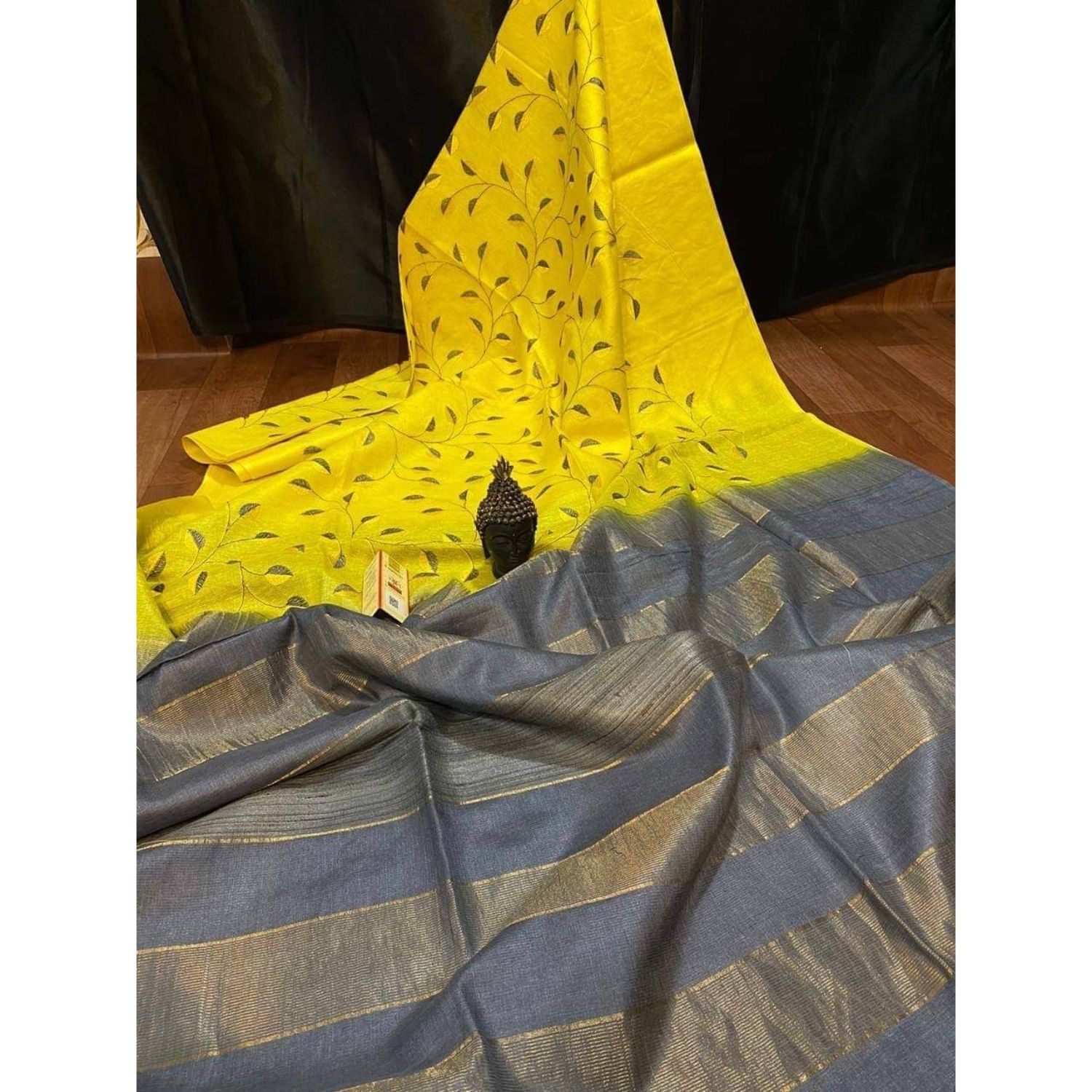 Silkmark Certified Eri Silk Digital Embroidered Yellow Saree with Running Blouse-4570