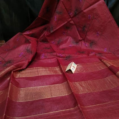 Silkmark Certified Eri Silk Digital Embroidered Red Saree with Running Blouse-6759