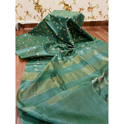 Silkmark Certified Eri Silk Digital Embroidered Green Saree with Running Blouse-9140