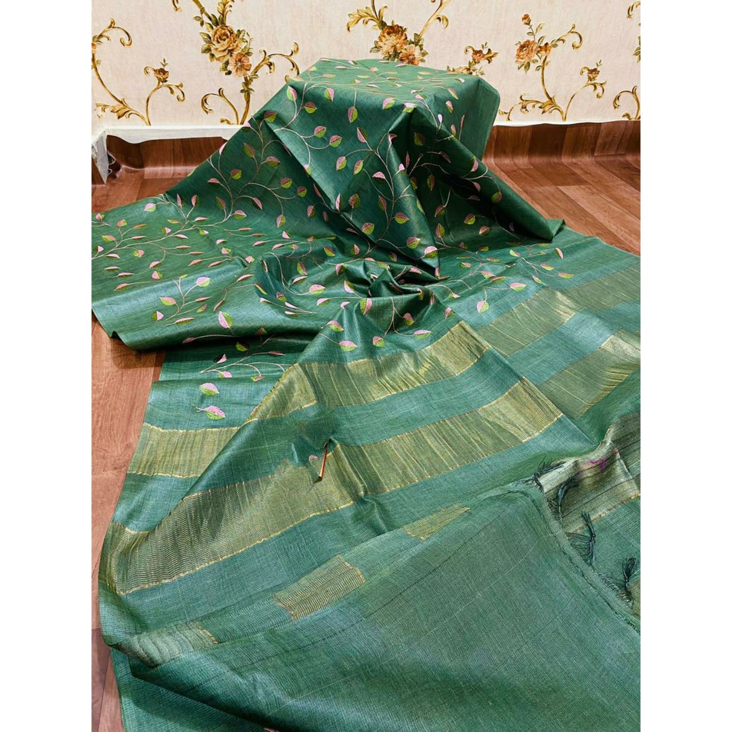 Silkmark Certified Eri Silk Digital Embroidered Green Saree with Running Blouse-9140