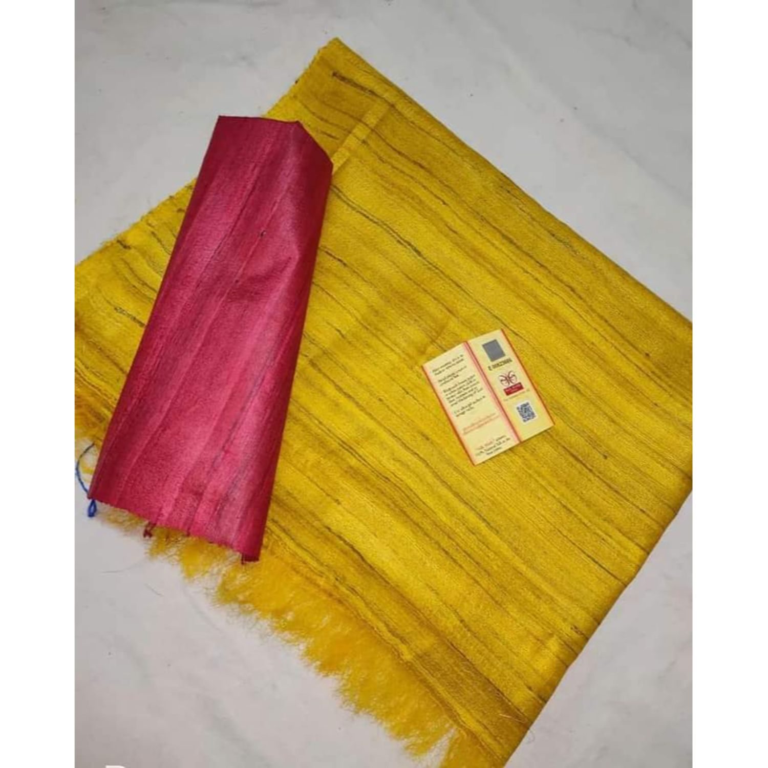 Silkmark Certified Gichcha Tussar Handloom Hand Dyed Yellow Saree with Contrast Blouse-4539