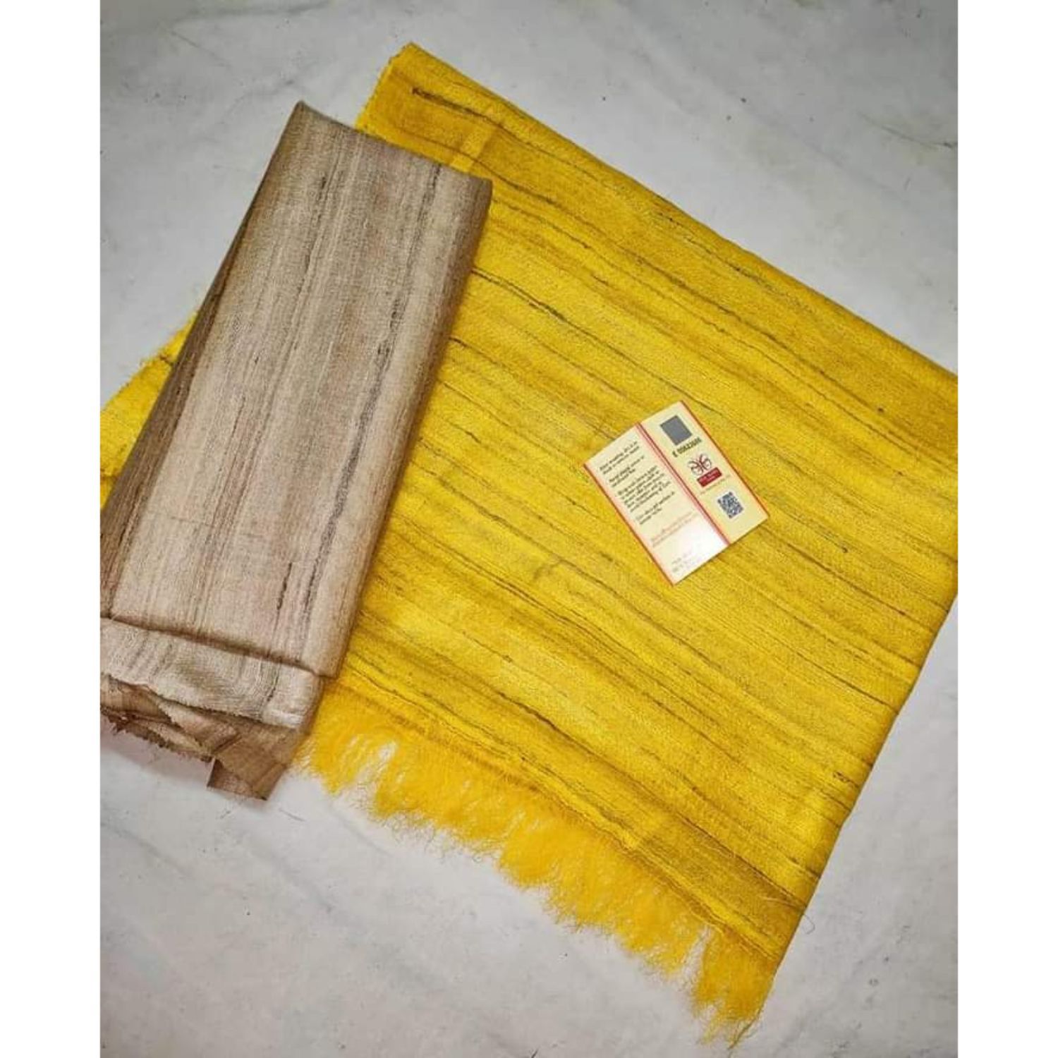 Silkmark Certified Gichcha Tussar Handloom Hand Dyed Yellow Saree with Contrast Blouse-7578