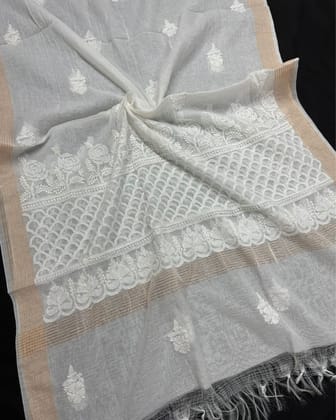 Chanderi Silk Dupatta White Color with Chikankari work-8875