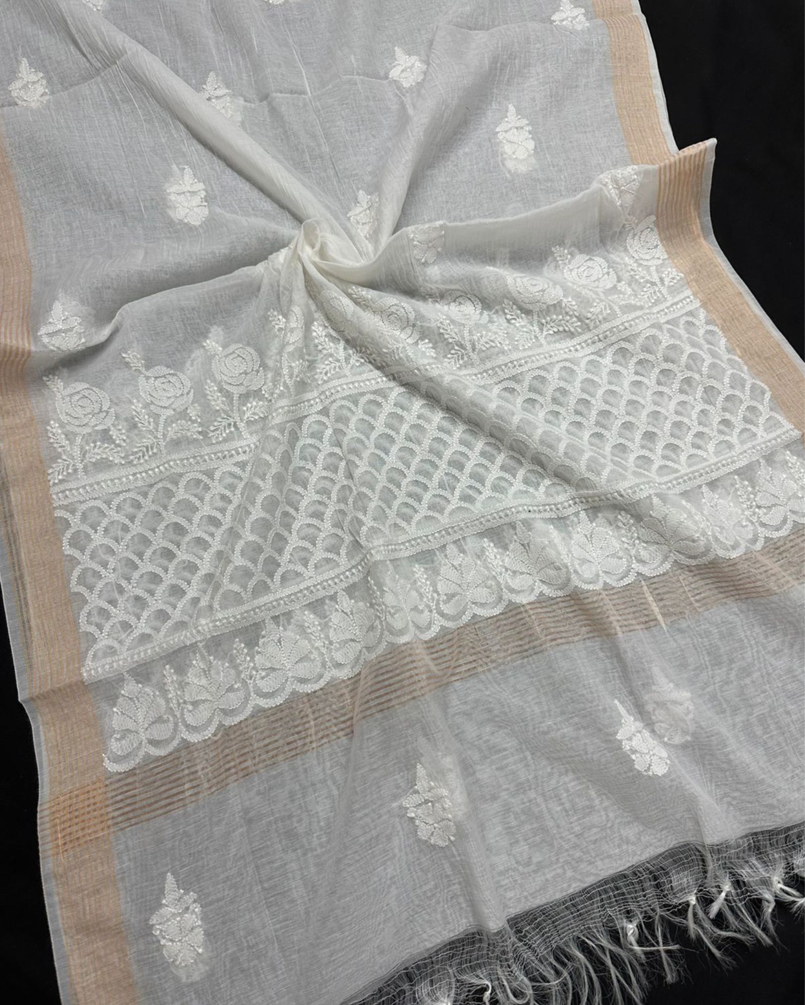 Chanderi Silk Dupatta White Color with Chikankari work-8875