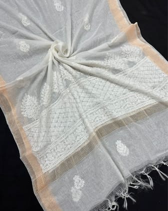 Chanderi Silk Dupatta White Color with Chikankari work-2263