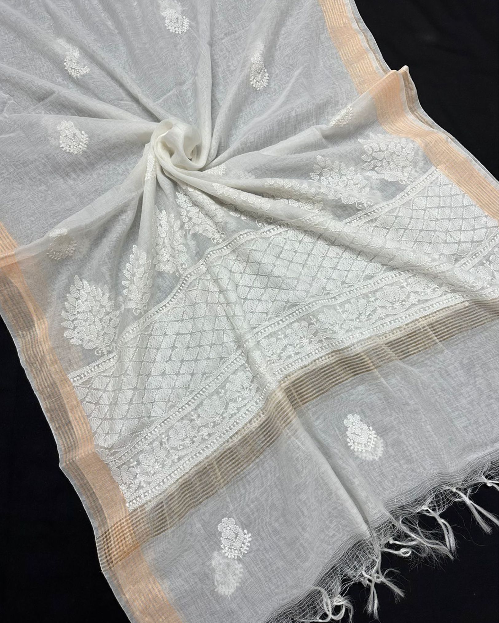 Chanderi Silk Dupatta White Color with Chikankari work-2263