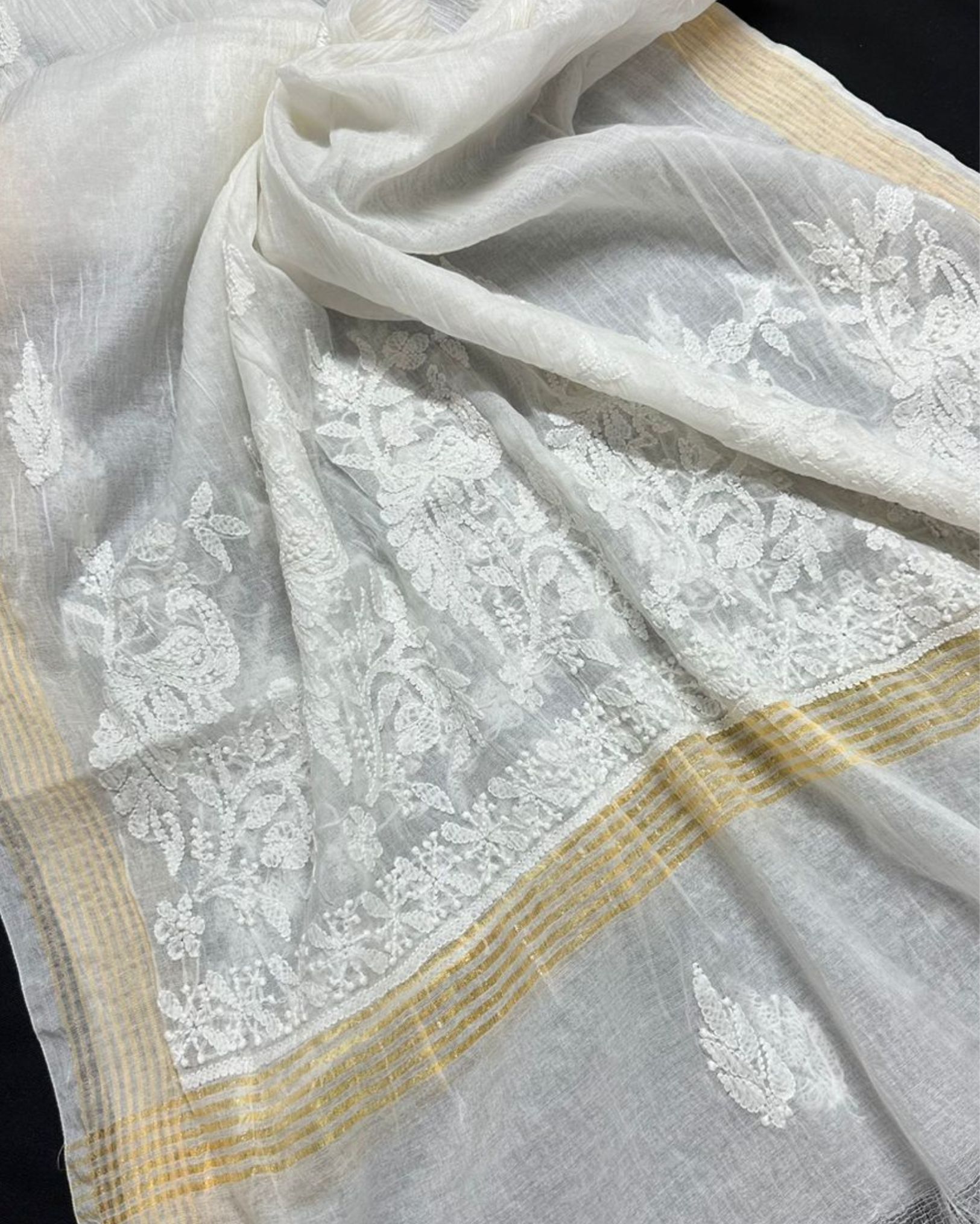Chanderi Silk Dupatta White Color with Chikankari work-2672