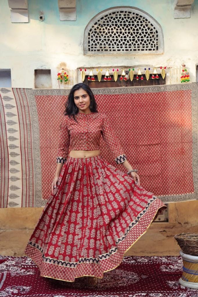 Handblock Printed Cotton Red Lehanga And Top With Mulmul Dupatta (Size 34-46)-5919