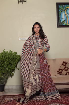 Cotton Lehanga Handblock Printed Silver Pink Color and Top With Mulmul Dupatta (Size 34-46)-3625