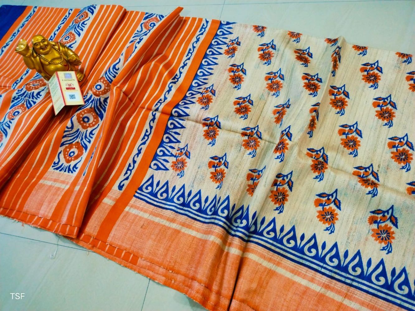 Silkmark Certified Tussar Silk Handloom Handblock Printed Orange and Blue Saree with Blouse-7913