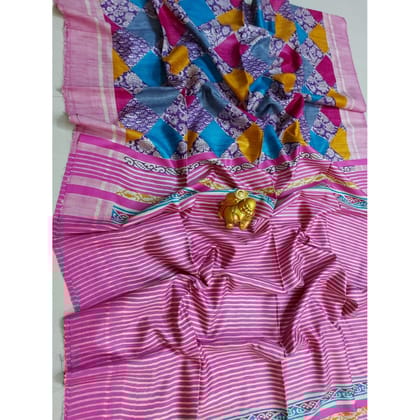 Silkmark Certified Tussar Silk Handloom Handblock Printed Blue and Pink Saree with Blouse-3447