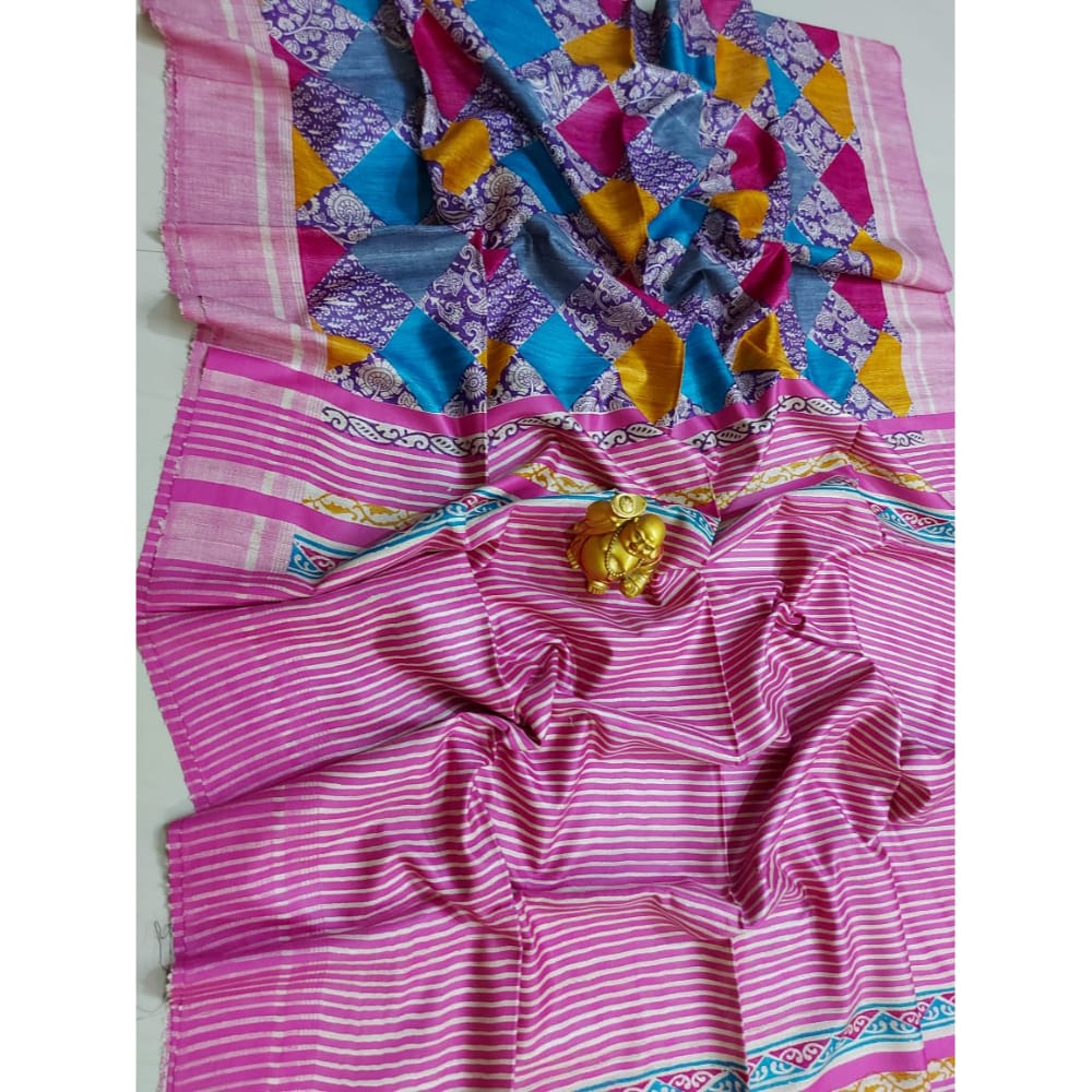 Silkmark Certified Tussar Silk Handloom Handblock Printed Blue and Pink Saree with Blouse-3447