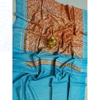 Silkmark Certified Tussar Silk Handloom Handblock Printed Orange and Blue Saree with Blouse-1652 Silkmark Certified Tussar Silk Handloom Handblock Printed Orange and Blue Saree with Blouse-1652