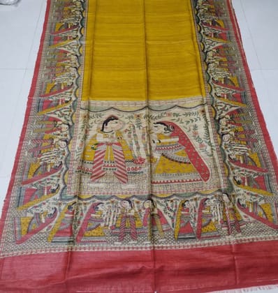 Silkmark Certified Tussar Silk Handloom Handblock Printed Mustard Yellow Saree with Blouse-2963