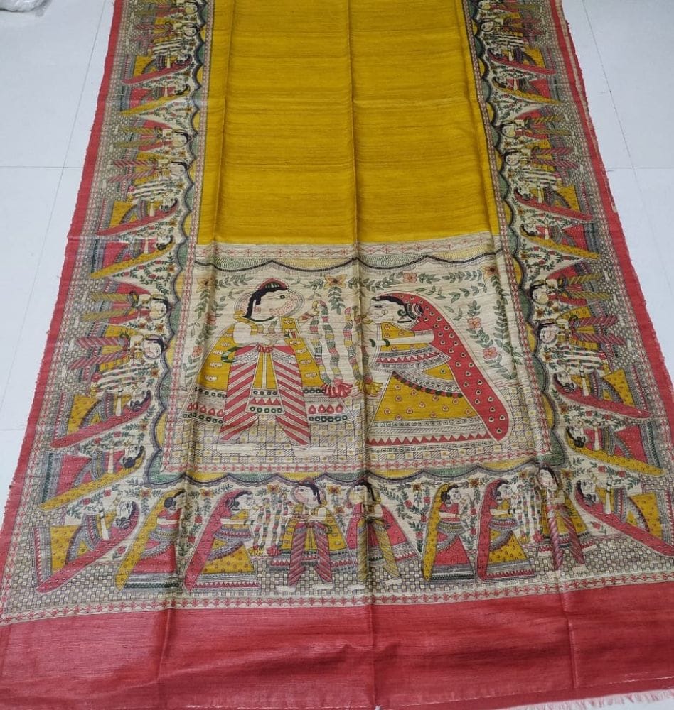 Silkmark Certified Tussar Silk Handloom Handblock Printed Mustard Yellow Saree with Blouse-2963