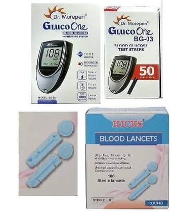 Dr. Morepen BG-03 Glucose Meter, 50 Test Strips and Hicks 100 Lancets