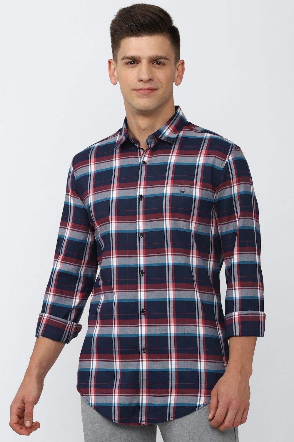 Men Navy Super Slim Fit Check Full Sleeves Casual Shirt