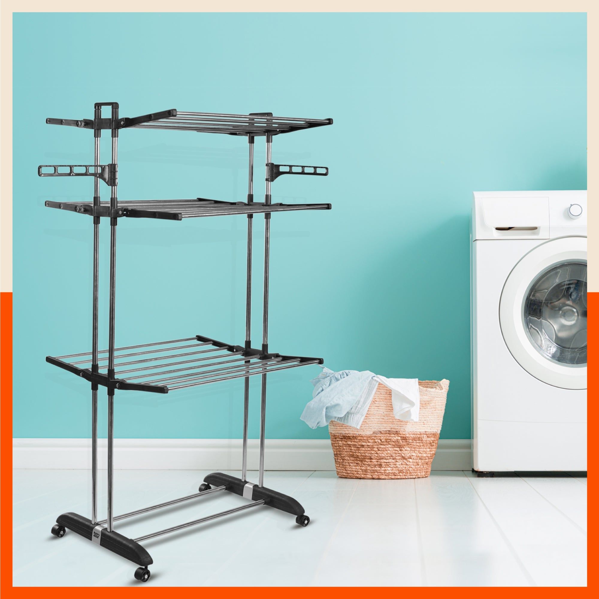 Bathla Mobidry Terra 3 Level Stainless Steel Modular Cloth Drying Stand For Home ( Black - Large)