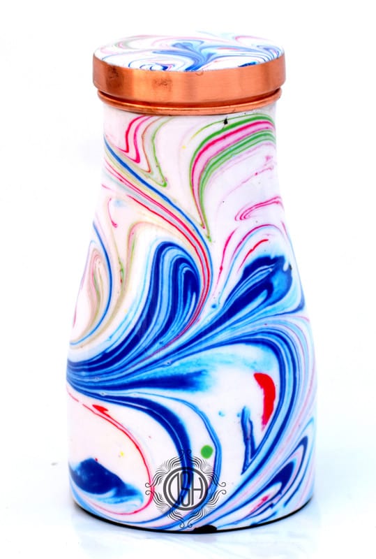 Copper Bedroom Bottle Printed Jug with Inbuilt Glass, Bedside Jar Pot, Joint Free Pure Copper, Designer Printed, (950 ML)