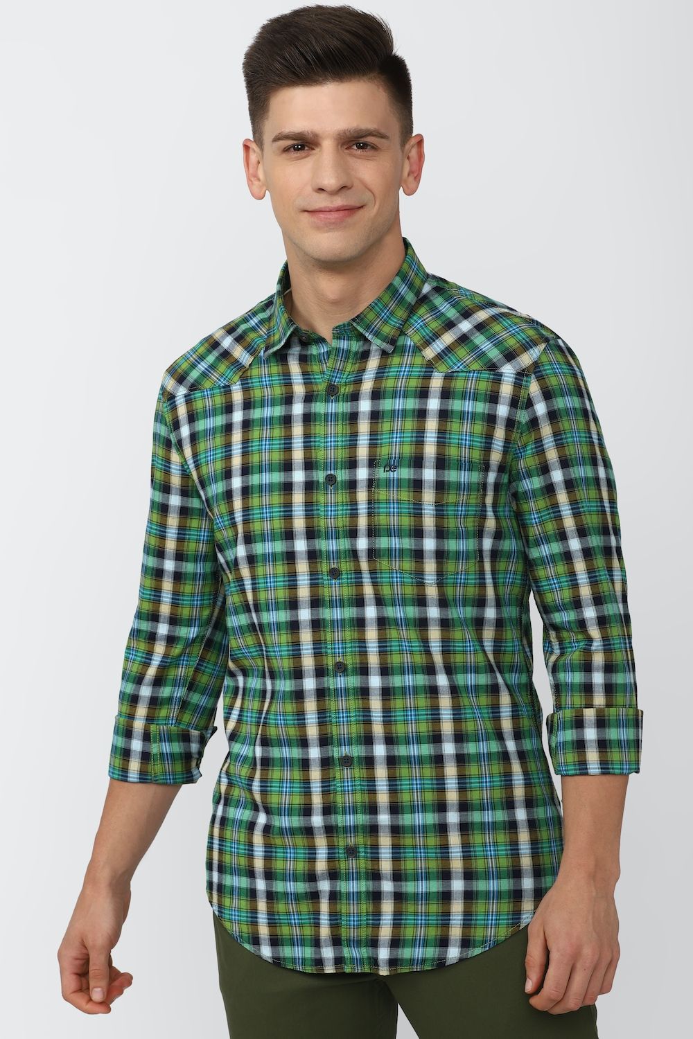 Men Green Super Slim Fit Check Full Sleeves Casual Shirt