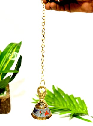 Pure Brass Hanging Bell with Chain for Temple Mandir Door Home Decorative Ringing Bell (Sky Blue),Gold(HANGBL-02 -SKYB)