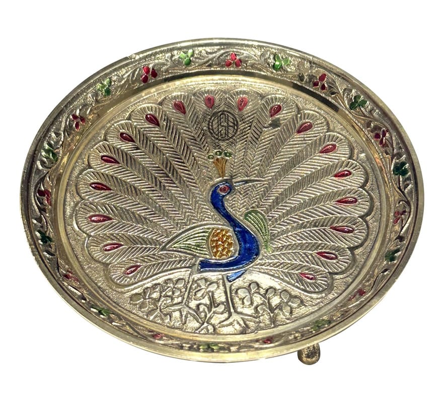 Pure Brass Puja thali Plate with Peacock Embossed Design Best for Home Office Pooja Purpose Handicraft (15 cm)