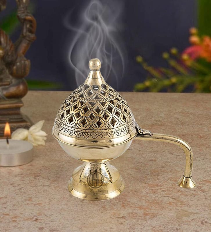 Home Purifying Brass Dhuna Loban Burner Dhooni Dhoop Dani Dhuni Brass Table Dhoop Dani Incense Burner For Loban(Dom-Small)